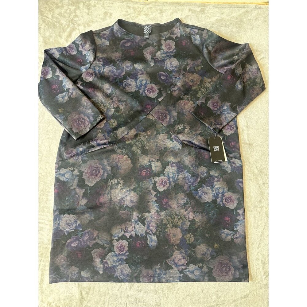 Women’s Clara Sun Woo Floral Dress Dark Purple Black 2 Pockets Plus 1X